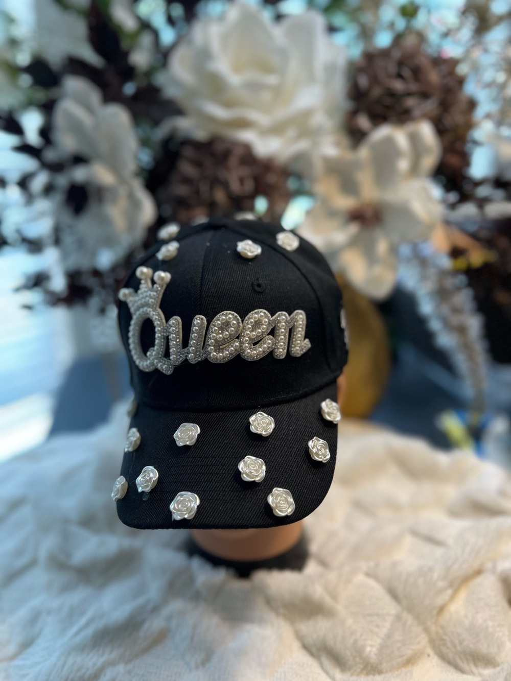 Embellished Black 'Queen' Baseball Cap with Pearled Roses
